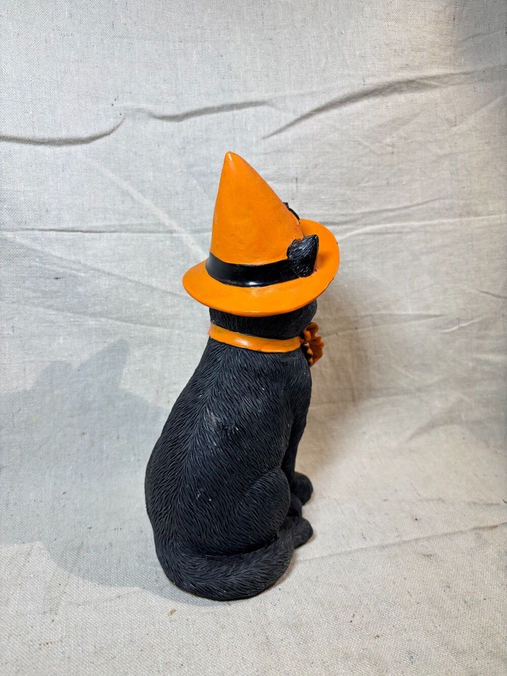 Black Resin Cat Orange Hat "Hocus Pocus" Halloween Decor - Picture 3 of 8